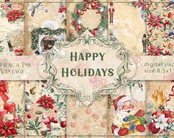 Happy Holidays digitaal papier, kerstdagboekpagina's, rode kardinaalachtergrond, vintage winterrommeldagboek, kerstkaart-scrapbooking