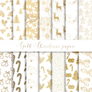 Gold Christmas Digital Paper, Festive Holiday Patterns (Digital Download)