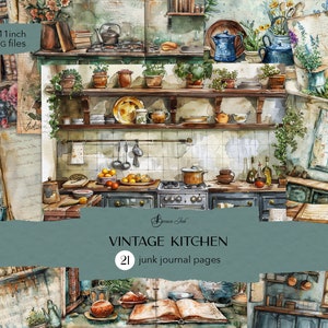 May include: A collage of 21 vintage kitchen themed junk journal pages, featuring watercolor illustrations of a rustic kitchen with shelves, cabinets, pots, pans, and other kitchen items. The pages are 8.5 x 11 inches and are available in PDF and JPEG formats.