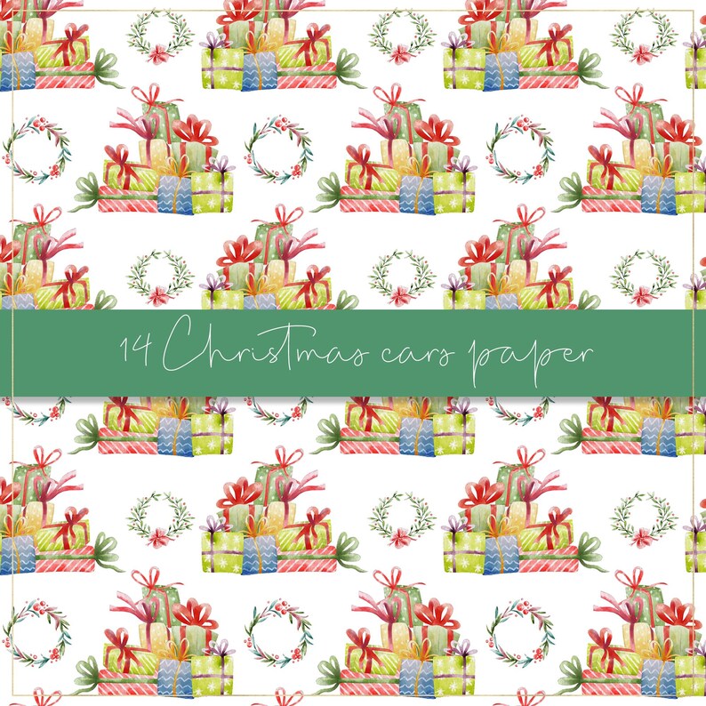 Pu&ograve; includere: Motivo acquerello ripetuto di regali di Natale verdi, blu e gialli, adornati con nastri e fiocchi rossi. Piccole ghirlande con bacche rosse e foglie verdi sono sparse. Il testo "14 Christmas cars paper" &egrave; visualizzato su uno striscione verde.