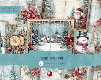 Kerstboerderijdagboekpagina's, shabby chic kerstrommeldagboek, vintage wintersneeuwvlokken, digitaal sneeuwpoppapier, blauw kerstplakboek