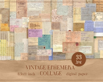 Vintage ephemera collagepapier, oude documenten dagboek, handgeschreven brieven plakboek, grunge documenten, shabby chic ansichtkaart, masterboard