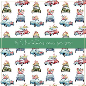 Pu&ograve; includere: Motivo acquerello ripetuto con auto d'epoca rosse, verdi, blu e turchese, decorate con regali e decorazioni natalizie. Le auto sono disposte su uno sfondo bianco. Il testo "14 Christmas cars paper" &egrave; visualizzato su uno striscione verde.
