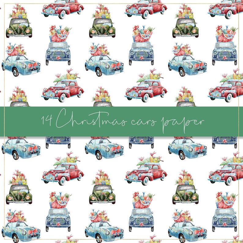 Pu&ograve; includere: Motivo acquerello ripetuto con auto d'epoca rosse, verdi, blu e turchese, decorate con regali e decorazioni natalizie. Le auto sono disposte su uno sfondo bianco. Il testo "14 Christmas cars paper" &egrave; visualizzato su uno striscione verde.