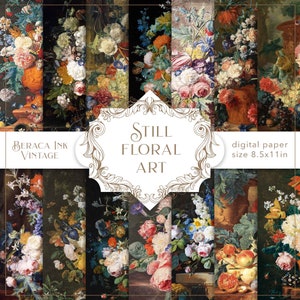 Papel digital de arte ainda floral, flores vintage, Willem van Aelst, diário de lixo, papel para scrapbook, papel vintage, pintura a óleo de natureza morta