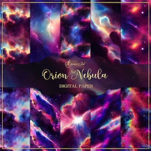 Könnte beinhalten: Ein digitales Papierpaket mit 10 nahtlosen Mustern des Orion-Nebels. Die Muster sind in den Farben Lila, Rosa, Blau und Weiß mit einem sternenübersäten Hintergrund. Der Text "Orion Nebula Digital Paper" ist in goldenen Buchstaben.