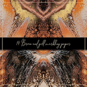 Pode incluir: Design de papel marmorizado abstrato com cores marrom, dourado e branco. O design &eacute; sim&eacute;trico e tem uma apar&ecirc;ncia de redemoinho fluida. O texto "14 Brown and gold marbling paper" est&aacute; na parte inferior da imagem.