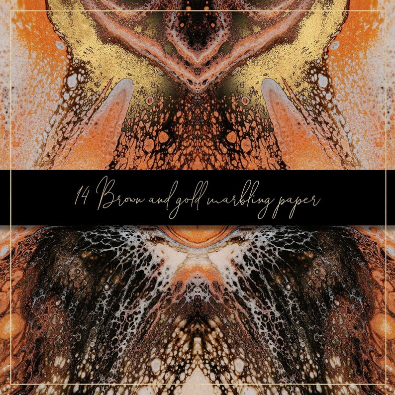 Pode incluir: Design de papel marmorizado abstrato com cores marrom, dourado e branco. O design &eacute; sim&eacute;trico e tem uma apar&ecirc;ncia de redemoinho fluida. O texto "14 Brown and gold marbling paper" est&aacute; na parte inferior da imagem.