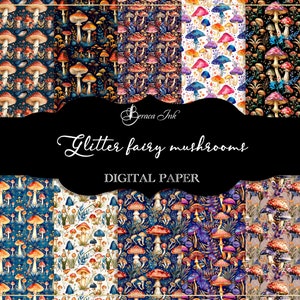 Carta digitale con funghi fata glitterati, motivo senza cuciture da favola, diario spazzatura con funghi, sfondo scintillante, design in tessuto glitterato