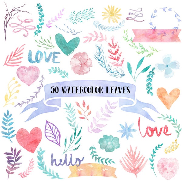 Watercolor leaves clipart, leaves watercolor clipart, hearts clipart, Gold leaf, watercolor tropical leaves, olive branch, watercolor floral