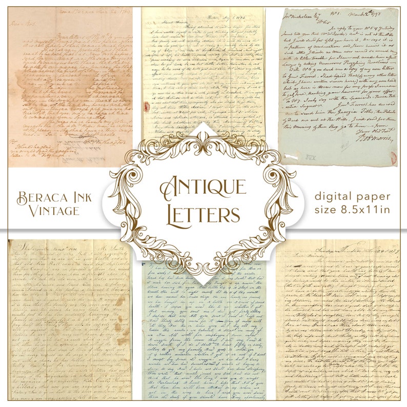 May include: Six antique letters with handwritten text on aged paper. The letters are in various styles of handwriting and have different dates. The letters are arranged in a collage with a decorative frame and the text "Antique Letters" in the center.