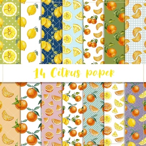 Papier numérique agrumes, motif transparent, papier citron, fond orange, agrumes vintage, papier peint mandarine, papier d'été, limonade, jaune