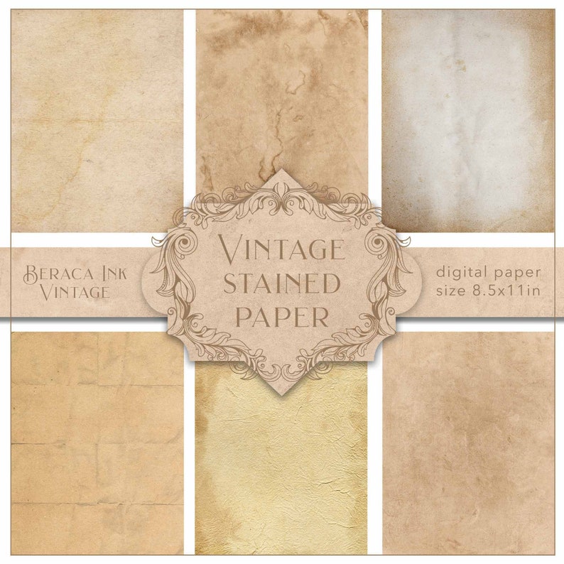 Vintage stained digital paper, antique paper, distressed texture, old wallpaper, brown background, beige backdrop, Scrapbook, junk journal, image 2