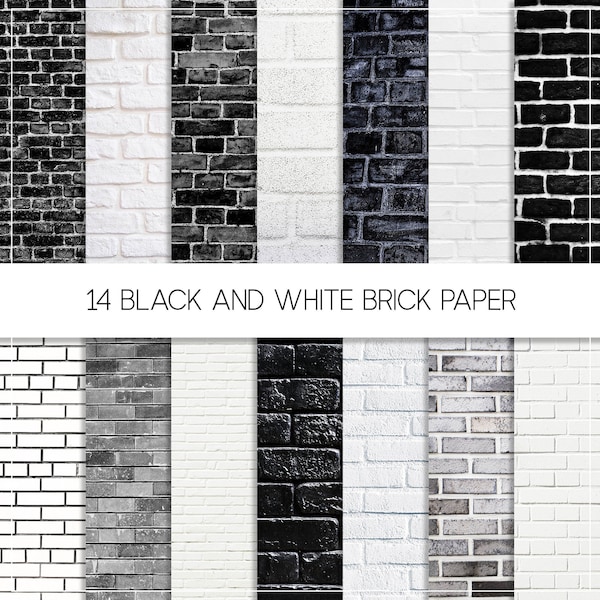 Black and white brick digital paper, brick background,  distressed brick, wood paper, brick wall backdrop, scrapbooking, grunge texture