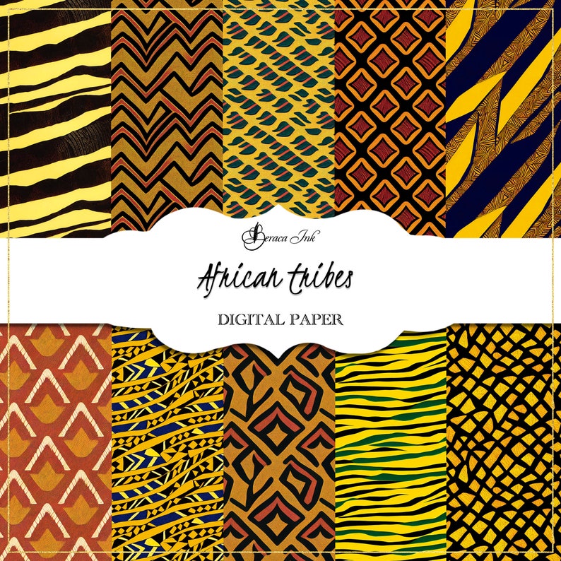 May include: Digital paper pack with 8 different patterns featuring African tribal designs in yellow, black, red, and green. The patterns include stripes, zigzags, and geometric shapes. The text "African Tribes Digital Paper" is displayed on a white banner.