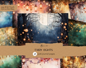 Lichterkette Journal Seiten, wunderliches Junk Journal, bedruckbares Papier, Vintage Scrapbook, Mondschein Wald, druckbare Lichter Papier, Bokeh Hintergrund