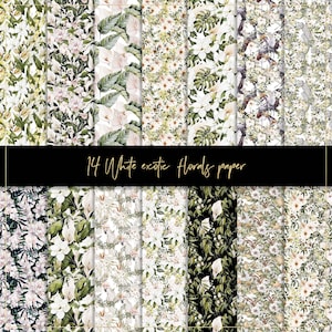 以下が含まれることがあります： 白いエキゾチックな花の模様が施されたデジタルペーパー14枚セット。模様には、白い花、葉、枝が白い背景に描かれています。招待状、カード、スクラップブックのページ、その他のクラフトプロジェクトの作成に最適です。