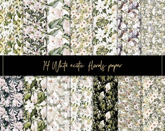 May include: A set of 14 digital papers featuring white exotic floral patterns. The patterns include white flowers, leaves, and branches on a white background. The papers are perfect for creating invitations, cards, scrapbook pages, and other craft projects.