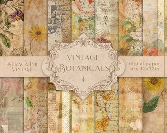 May include: A set of 12 digital papers featuring vintage botanical illustrations and handwritten text. The papers are in shades of beige, brown, and green. The papers are 12 inches by 12 inches.