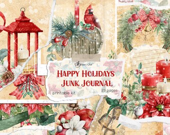 Happy Holidays-rommeldagboekkit, traditioneel kerstdagboek, kerststerpapier, rode kardinaalpapier, vintage kerstscrapbooking