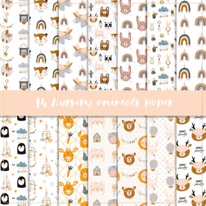 Papel digital de animales de guardería, patrón sin costuras, papel pintado de animales bebés, patrón de tela, cartel de arco iris, animales bebés, decoración de guardería boho