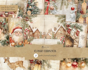 Klassieke kerstdagboekpagina's, vintage kerstrommeldagboek, peperkoekhuisje, digitaal winterpapier, grunge-neutraal kerstplakboek