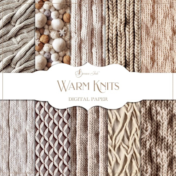 Warm knits digital paper, knitted seamless pattern, beige wool background, cozy winter backdrop, crochet texture, Christmas fabric paper