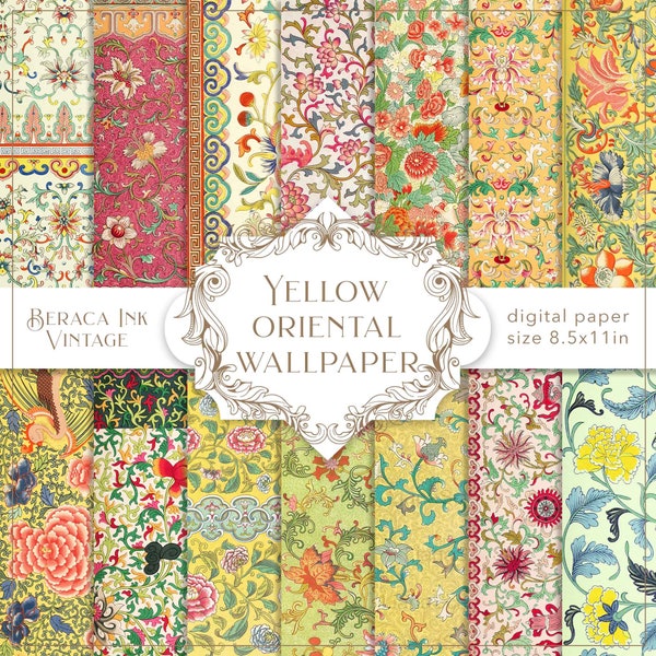 Gelbes orientalisches digitales Papier, florale Tapete mit William Morris Muster