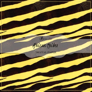 May include: Digital paper featuring a yellow and black striped pattern reminiscent of a zebra print. The text "African Tribes" is centered on the image with the words "Digital Paper" below it.