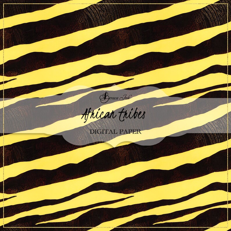 May include: Digital paper featuring a yellow and black striped pattern reminiscent of a zebra print. The text "African Tribes" is centered on the image with the words "Digital Paper" below it.