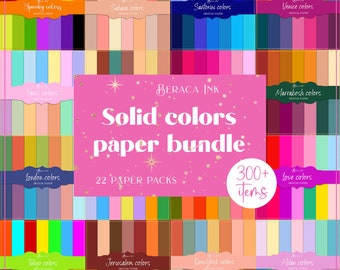 Puede incluir: Un paquete de papel digital con 22 paquetes de papel y más de 300 artículos. La imagen muestra una variedad de papeles digitales de color sólido en diferentes colores y patrones. El texto en la imagen dice "Solid colors paper bundle" y "22 paper packs".
