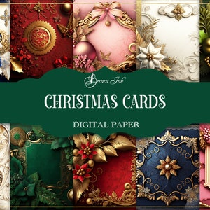 May include: A collection of Christmas cards with ornate gold frames and decorative elements. The cards feature various colors, including blue, red, green, and pink, with floral and ornamental designs. The text "CHRISTMAS CARDS DIGITAL PAPER" is displayed.