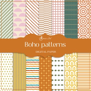 Puede incluir: Conjunto de 12 papeles digitales con patrones boho en varios colores, incluyendo naranja, amarillo, verde, marrón y rosa. Los patrones incluyen rayas, lunares, cuadrados, círculos y arcos. El texto "Boho patterns" y "Digital Paper" está incluido en la imagen.