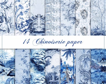 Chinoiserie digital paper, old Chinese wallpaper, blue ceramic paper, Chinese background, asian backdrop, oriental pattern, french paper