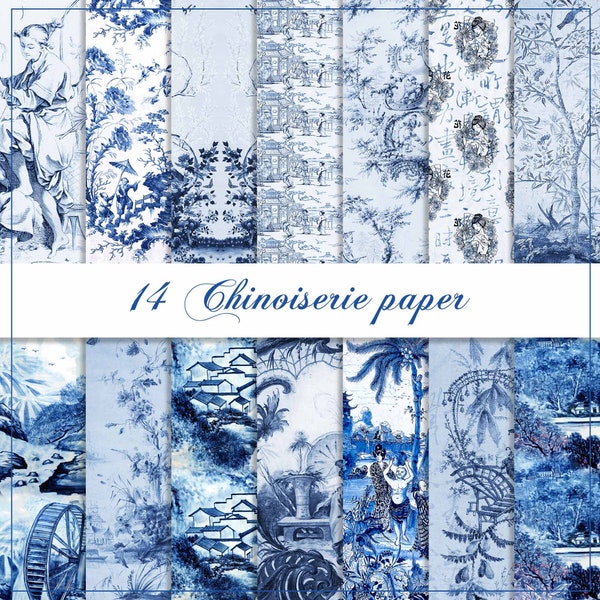 Chinoiserie digital paper, old Chinese wallpaper, blue ceramic paper, Chinese background, asian backdrop, oriental pattern, french paper