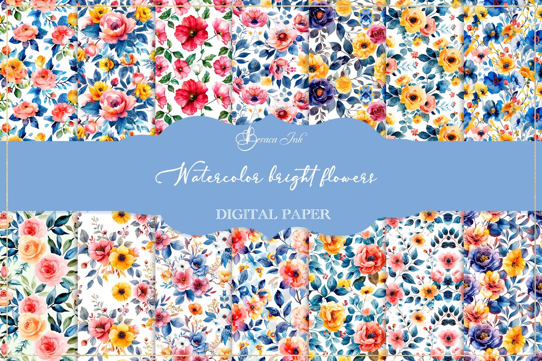 Watercolor Bright Flowers Digital Paper, Seamless Floral Pattern ...