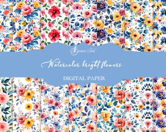 Aquarel heldere bloemen digitaal papier, naadloos bloempatroon, regenboogbloemen behang, notebookomslag, bloemenplanneromslag