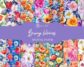 Lentebloemen digitaal papier, naadloos bloemmotief, regenboogbloemen behang, lente bloemen achtergrond, aquarel bloem plakboek