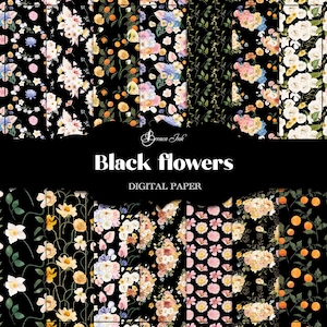 May include: A set of 10 digital papers featuring floral patterns on a black background. The patterns include various flowers, leaves, and fruits in shades of pink, yellow, white, and blue.