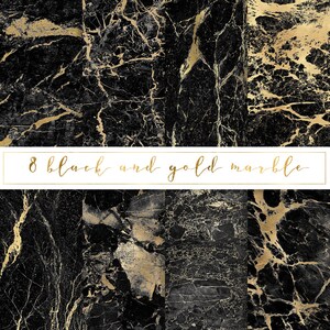 May include: Eight black and gold marble digital paper textures. The marble has a dark black background with gold veins.