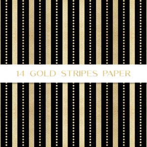 May include: A seamless pattern of black and gold stripes with a repeating pattern of gold dots. The text "14 GOLD STRIPES PAPER" is centered on a white banner.