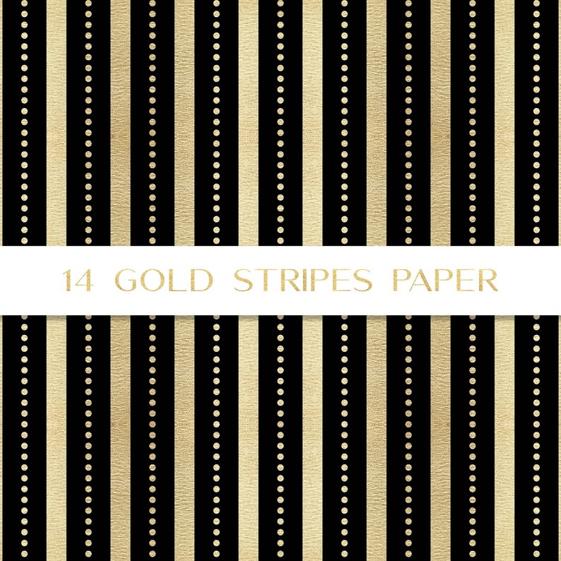 May include: A seamless pattern of black and gold stripes with a repeating pattern of gold dots. The text "14 GOLD STRIPES PAPER" is centered on a white banner.