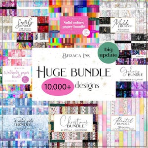 K&ouml;nnte beinhalten: Eine Collage aus digitalen Papierpaketen f&uuml;r Grafikdesign. Die Pakete beinhalten Wirbel, Volltonfarben, Marmor, Aquarell, gefrorenen Winter, Weihnachten, Galaxie und Pastell-Designs. Der Text "HUGE BUNDLE 10,000+ designs" befindet sich in der Mitte des Bildes.