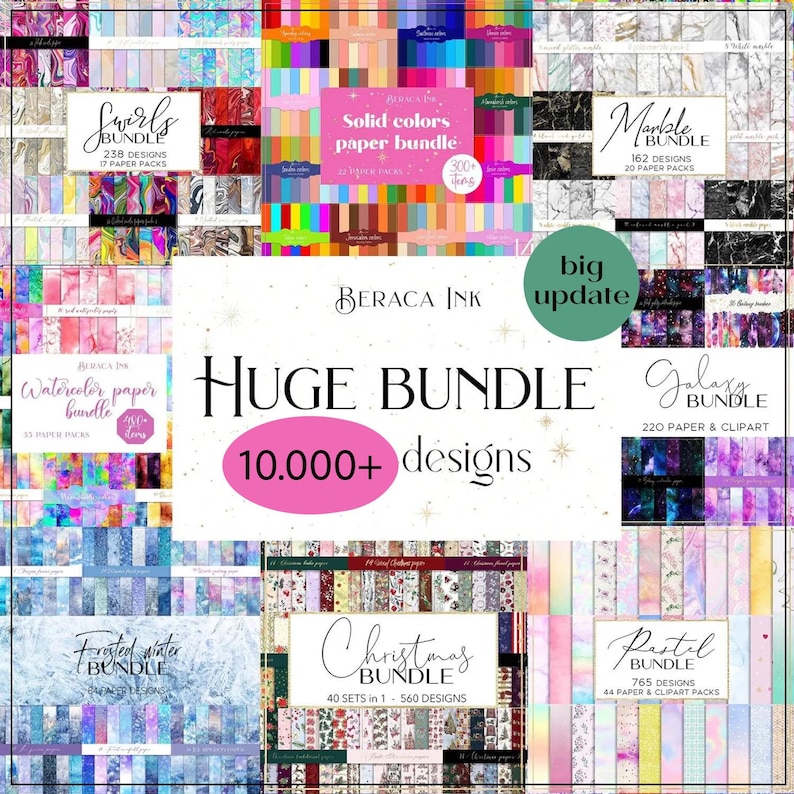 K&ouml;nnte beinhalten: Eine Collage aus digitalen Papierpaketen f&uuml;r Grafikdesign. Die Pakete beinhalten Wirbel, Volltonfarben, Marmor, Aquarell, gefrorenen Winter, Weihnachten, Galaxie und Pastell-Designs. Der Text "HUGE BUNDLE 10,000+ designs" befindet sich in der Mitte des Bildes.