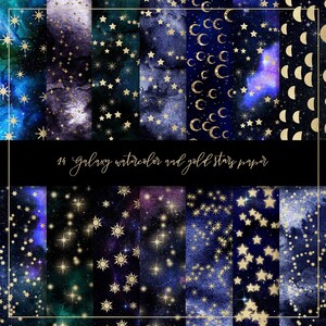 Carta digitale con stelle dorate della galassia, motivo a stelle dorate, texture acquerello, sfondo cosmico, motivo a luna dorata, cielo stellato notturno, polvere di stelle