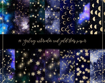 Galaxy gold stars digital paper, gold stars pattern, watercolor texture, cosmic background, gold moon pattern, starry sky night, stardust