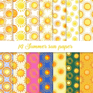 Sommer Sonne digitales Papier, nahtloses Papier, Sonnenmuster, sonniger Hintergrund, Sonnenhintergrund, Sonnenscheinpapier, Aquarelltextur, Sommerpapier