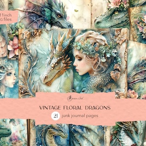 May include: A collage of watercolor illustrations featuring dragons and women with floral accents. The artwork is in shades of blue, green, and gold, with the text "VINTAGE FLORAL DRAGONS" and "21 junk journal pages". The size is 8.5x11 inches.