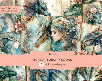 May include: A collage of watercolor illustrations featuring dragons and women with floral accents. The artwork is in shades of blue, green, and gold, with the text "VINTAGE FLORAL DRAGONS" and "21 junk journal pages". The size is 8.5x11 inches.