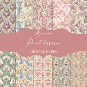 Könnte beinhalten: Ein Set mit 12 digitalen Papieren mit rosa, beige und grünen Barockmustern. Die Papiere eignen sich perfekt für Scrapbooking, Kartenherstellung und andere Bastelprojekte.